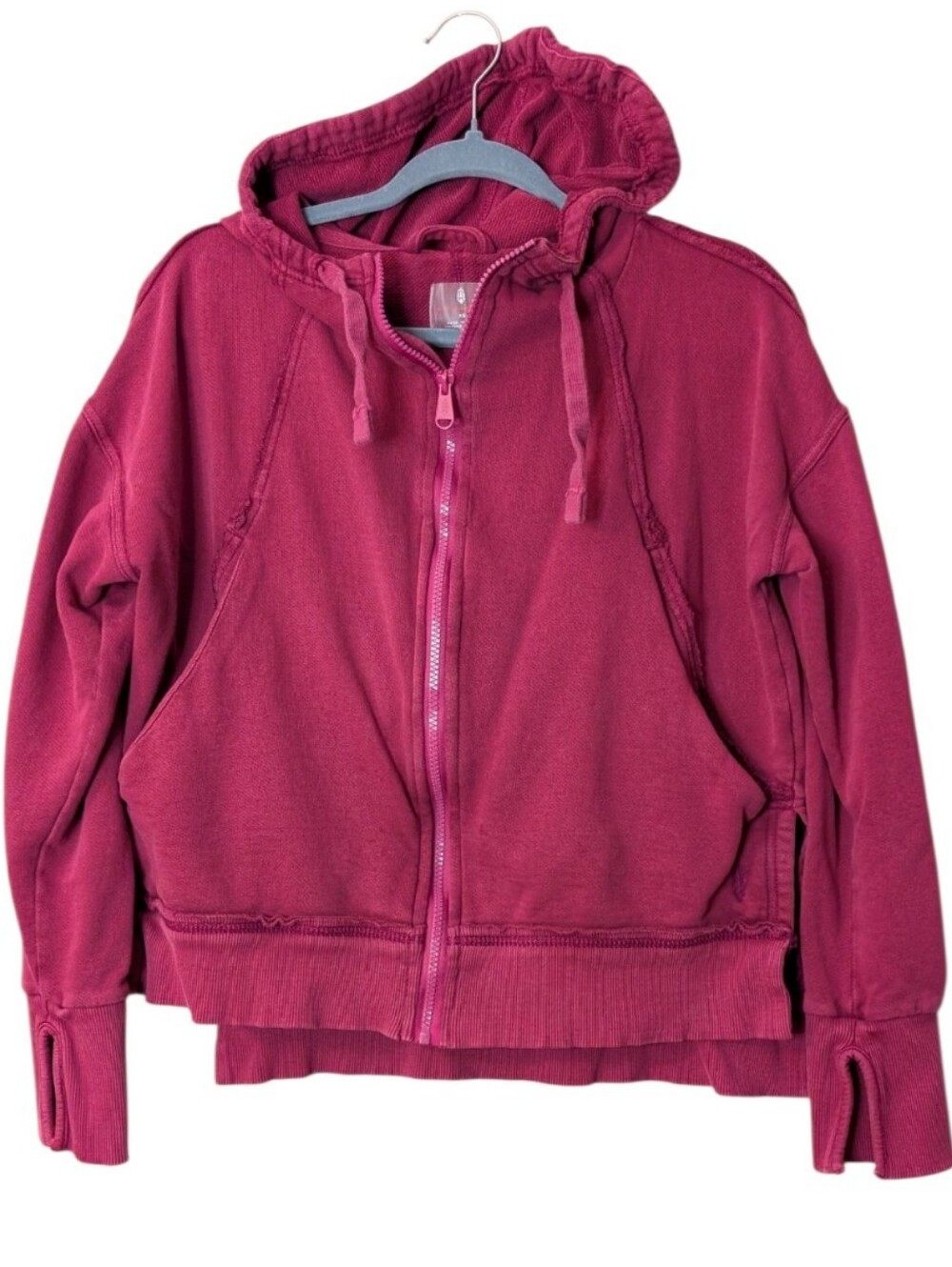 FP Movement Free People Only One Zip-Up Hoodie Magenta Pink XS Distressed Flaw